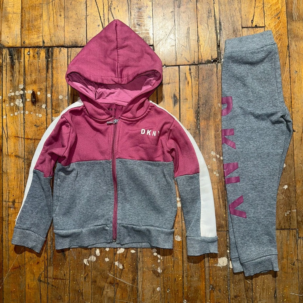 DKNY Track Suit Kids Size 5 Gray Pink‎ Fleece Lined Long Sleeve Hooded Full Zip
